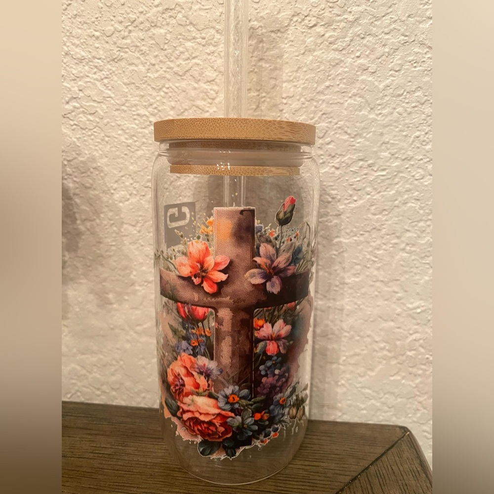Handmade Glass Cup with Straw (Faith over everything)